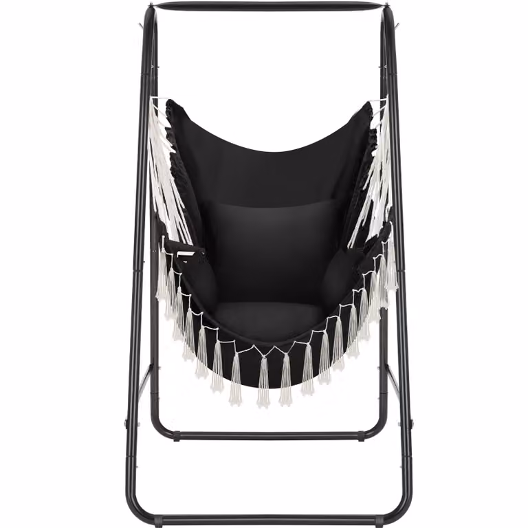 Poltrona sospesa tectake Alison in stile boho con struttura in acciaio nero e cuscini inclusi