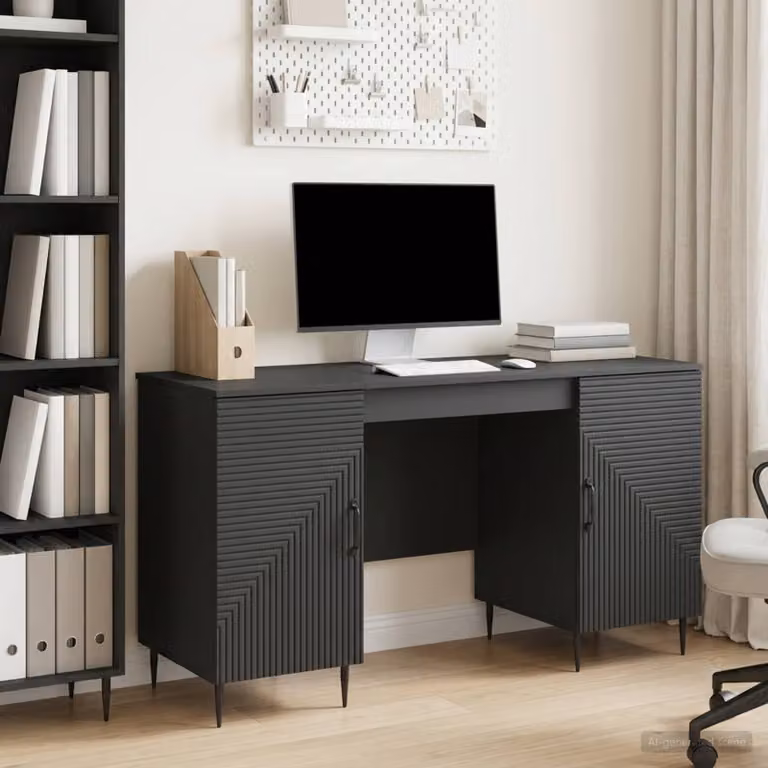 Scrivania moderna vidaXL in legno MDF e metallo, colore nero, L: 142,5 cm, P: 50 cm, H: 75 cm