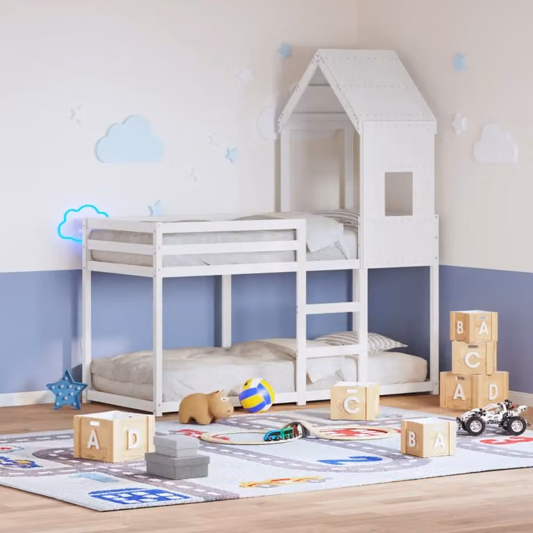 vidaXL Letto a Castello per Bambini in Legno Massello di Pino con Struttura a Casetta, Bianco, 80 x 200 cm