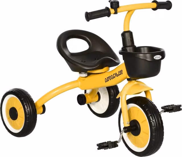 Triciclo per bambini AIYAPLAY con seduta regolabile e campanello, Giallo, L 70.5 cm x P 50 cm x H 58 cm