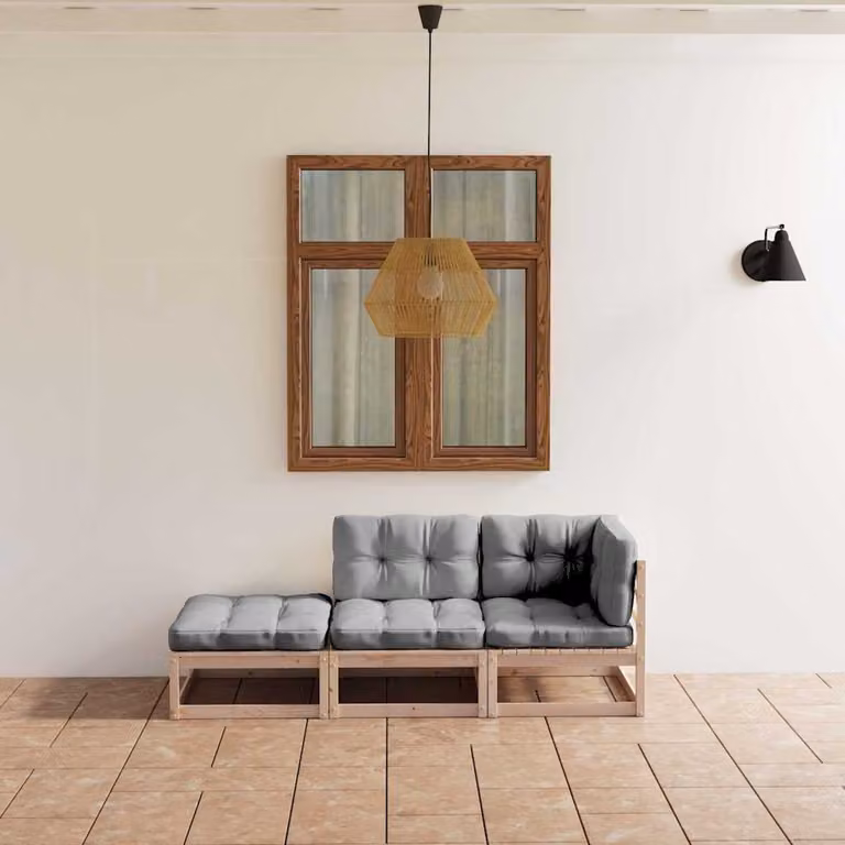 Set di divani da giardino vidaXL in legno di pino con cuscini grigi a forma di L