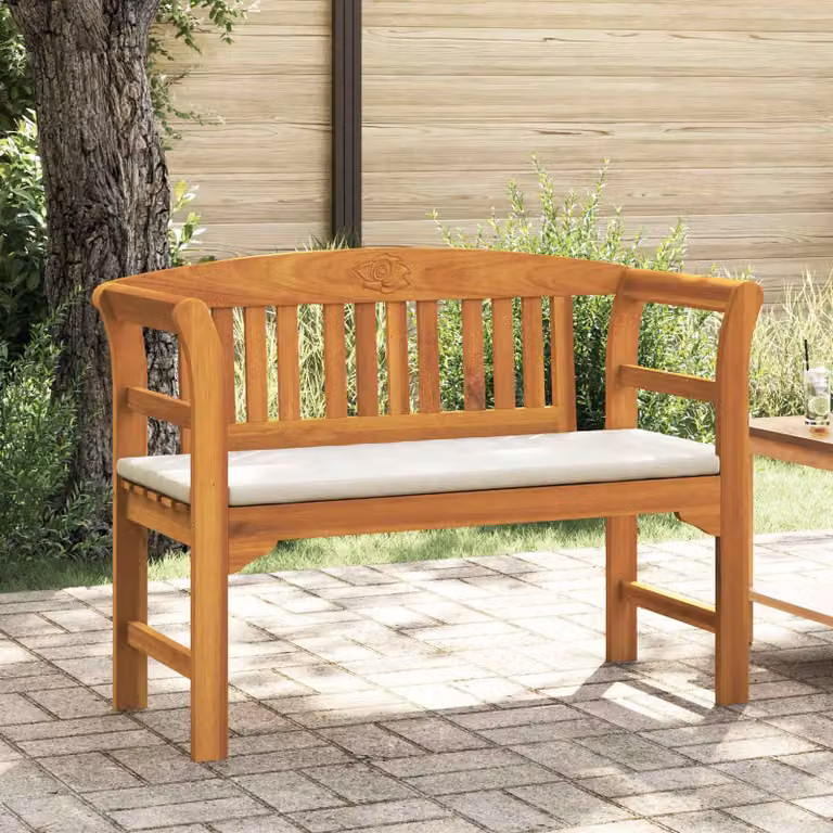 Panchina da giardino vidaXL in legno di acacia oliato con cuscini, L: 114 cm, P: 46 cm, H: 82,5 cm