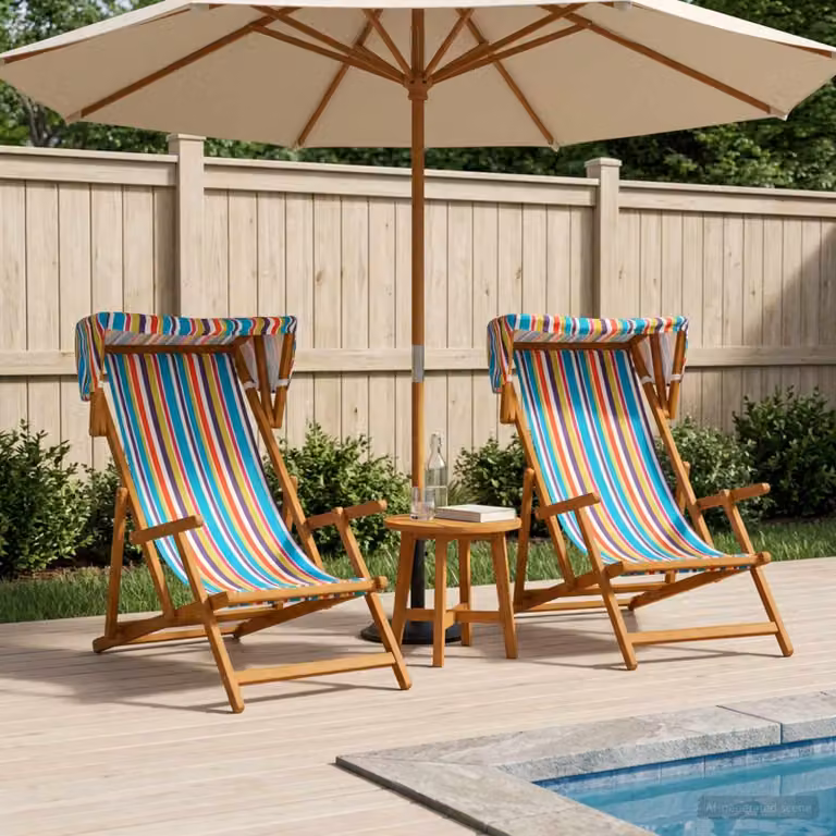 Set di 2 lettini da giardino vidaXL in legno di eucalipto massello oliato con cuscini a righe multicolore e poggiatesta regolabile