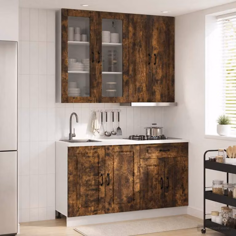 Set di mobili da cucina vidaXL KALMAR composto da 4 pezzi in legno Rovere Fumo marrone con ante in vetro e finitura opaca