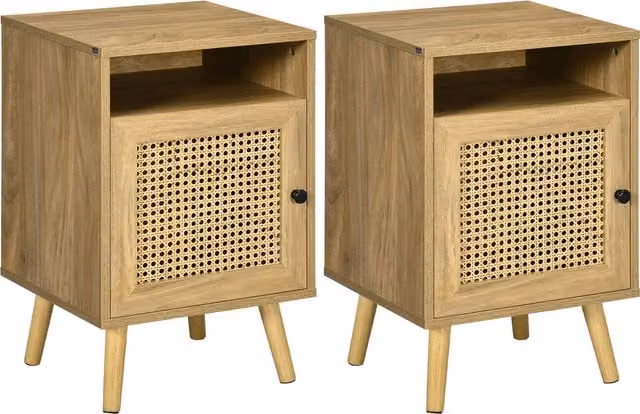 Set di 2 Comodini Moderni HOMCOM in Truciolato e Rattan Marrone con Armadietto e Ripiano Aperto, L 39 cm x P 35 cm x H 60 cm