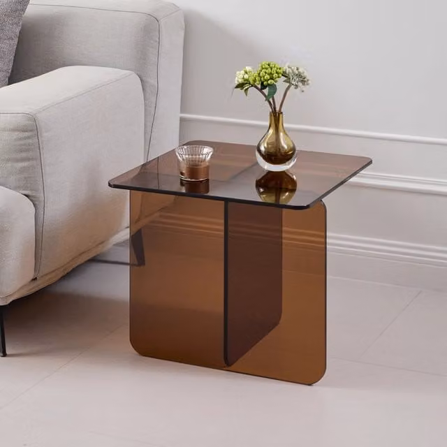 Tavolino basso OKWISH moderno in vetro temperato con piano trasparente e struttura marrone, ideale per soggiorno, ufficio o giardino, L/P/H: 45 x 45 x 51 cm