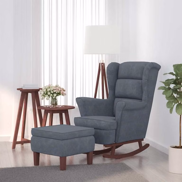 vidaXL Sedia a dondolo con schienale alto in velluto grigio scuro e pouf incluso con struttura in legno massiccio
