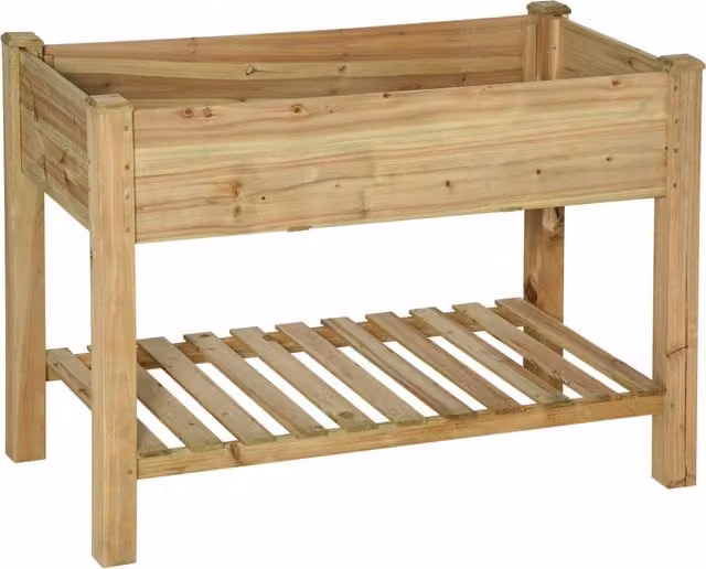 Fioriera rialzata Outsunny con ripiano di stoccaggio in legno naturale, aiuola quadrata per orto e giardino, L: 113 cm, P: 56 cm, H: 84 cm