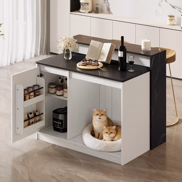 Isola cucina multifunzionale WISHDOR con bancone e area relax per animali, bianco e nero, L/P/H: 120 x 80 x 100 cm