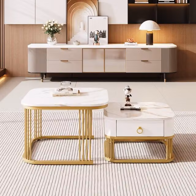 Set di Tavolini da Salotto Impilabili GL Store in Marmo Lucido Bianco con Dettagli Dorati e Cassetti, L/P/H: 60 x 60 x 45 cm e L/P/H: 50 x 50 x 34 cm