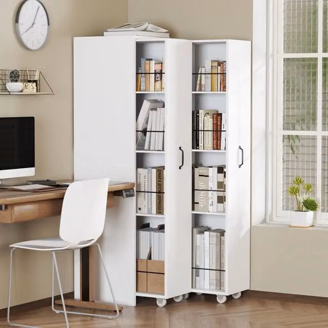 Libreria Minimal con 4 Ripiani e Rotelle in MDF e Metallo, Bianca, per Soggiorno, Cucina o Bagno, L/P/H: 41 x 20 x 158 cm