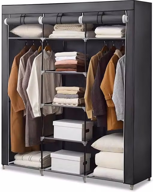 Armadio portaoggetti Avilia Home con telo di copertura, 9 ripiani e asta appendiabiti, nero, L 150 cm x P 45 cm x H 175 cm