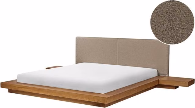 Letto matrimoniale Beliani in stile giapponese con testata e comodini in legno e tessuto bouclé, colore beige e tortora, L/P/H: 180 x 200 x 86 cm