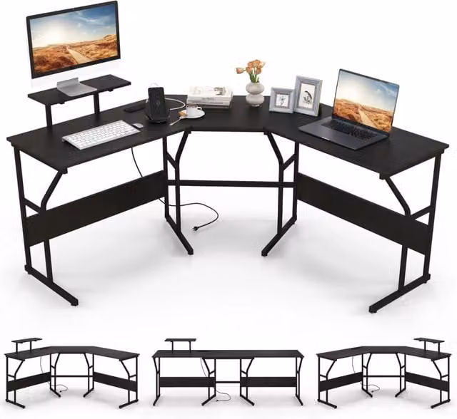 Scrivania ad angolo a forma di L con presa elettrica e supporto monitor mobile, colore nero, L: 225 cm