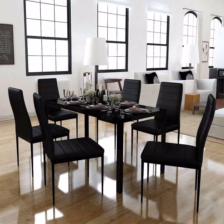 Set Tavolo da Pranzo Moderno vidaXL in Vetro e Metallo Nero, 7 Pezzi