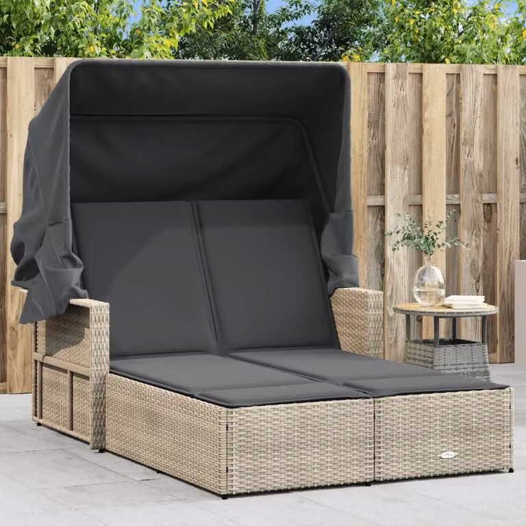 vidaXL Lettino Doppio con Baldacchino e Cuscini in Polyrattan Grigio Chiaro