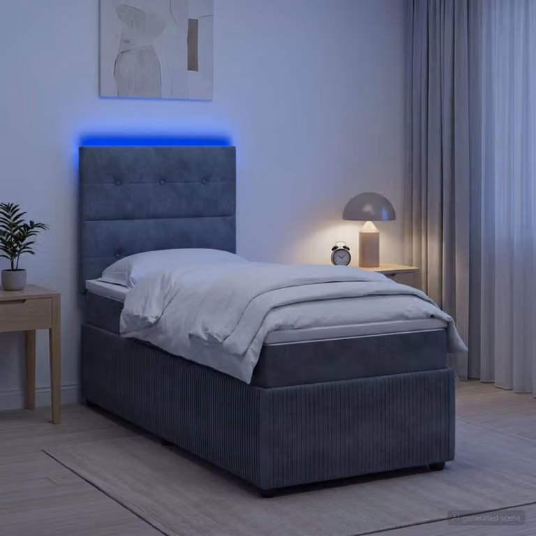 Letto Box Spring Hybrid vidaXL con Materasso a Molle Insacchettate, Illuminazione LED Sotto il Letto e Porta USB, Rivestimento in Velluto Grigio, L/P: 90 x 190 cm
