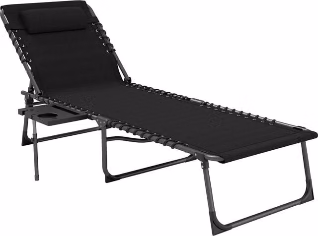 Sdraio Pieghevole Outsunny con Schienale Regolabile, Poggiatesta, Tasca Laterale e Vassoio, Struttura in Acciaio Nero, L/P/H: 190 x 60 x 31 cm