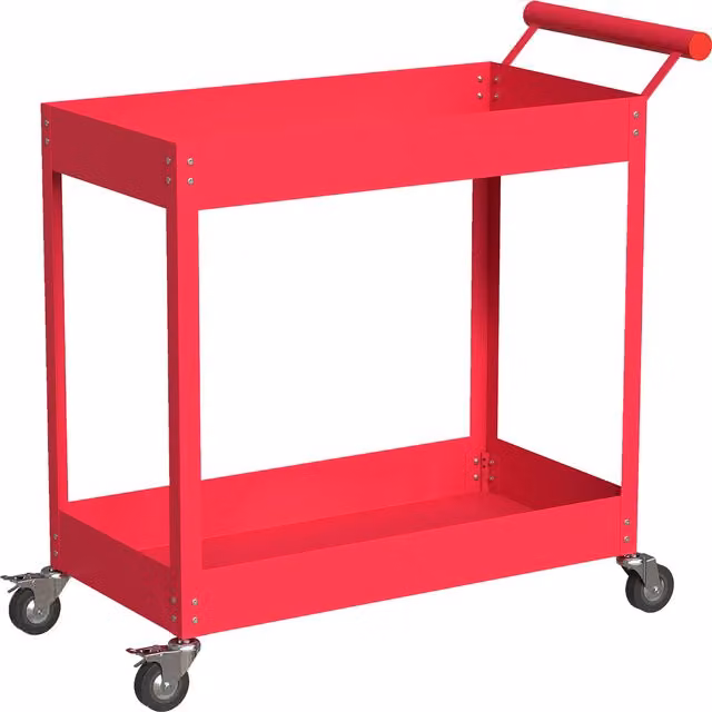 Carrello da Officina DURHAND a 2 Livelli in Acciaio con Maniglia Laterale e Ruote Bloccabili, Rosso, L: 84,5 cm, P: 38 cm, H: 84 cm