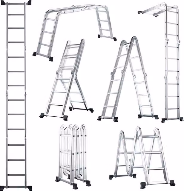 Scala multifunzione allungabile Design Mania in alluminio color argento con pioli e piedini antiscivolo, Altezza massima: 370,5 cm