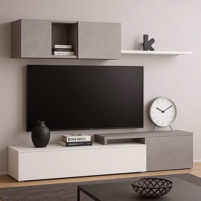 Parete Attrezzata Adelaide per Soggiorno e Sala da Pranere con Mobile TV e Mensola Pensile, Design Moderno Modulare Reversibile, Colore Bianco e Grigio Cemento, L: 201 cm, P: 41 cm, H: 44 cm