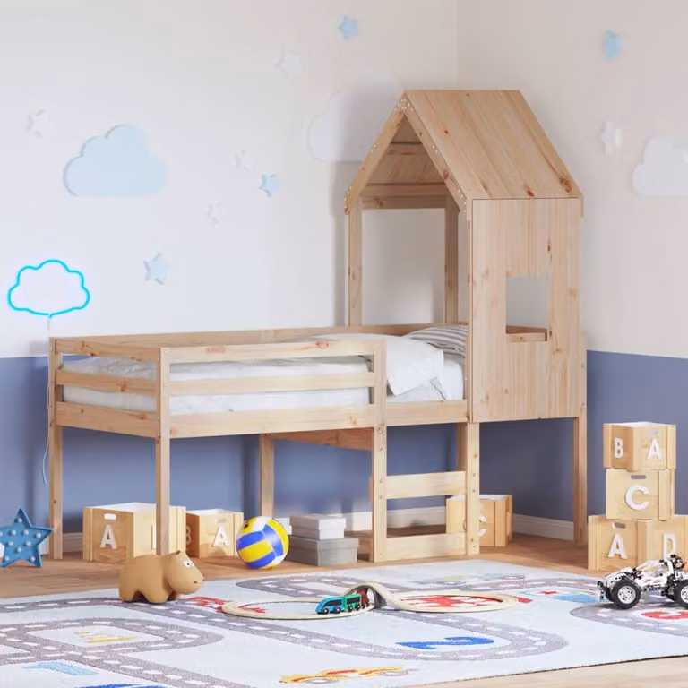vidaXL Letto a Soppalco per Bambini con Tetto in Legno di Pino Naturale Marrone L/P/H: 200 x 80 x 151 cm