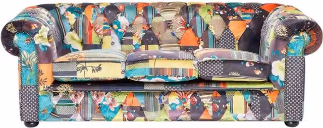Divano a 3 posti Beliani in tessuto multicolore giallo e turchese con design patchwork e braccioli a voluta L/P/H: 200 x 96 x 71 cm