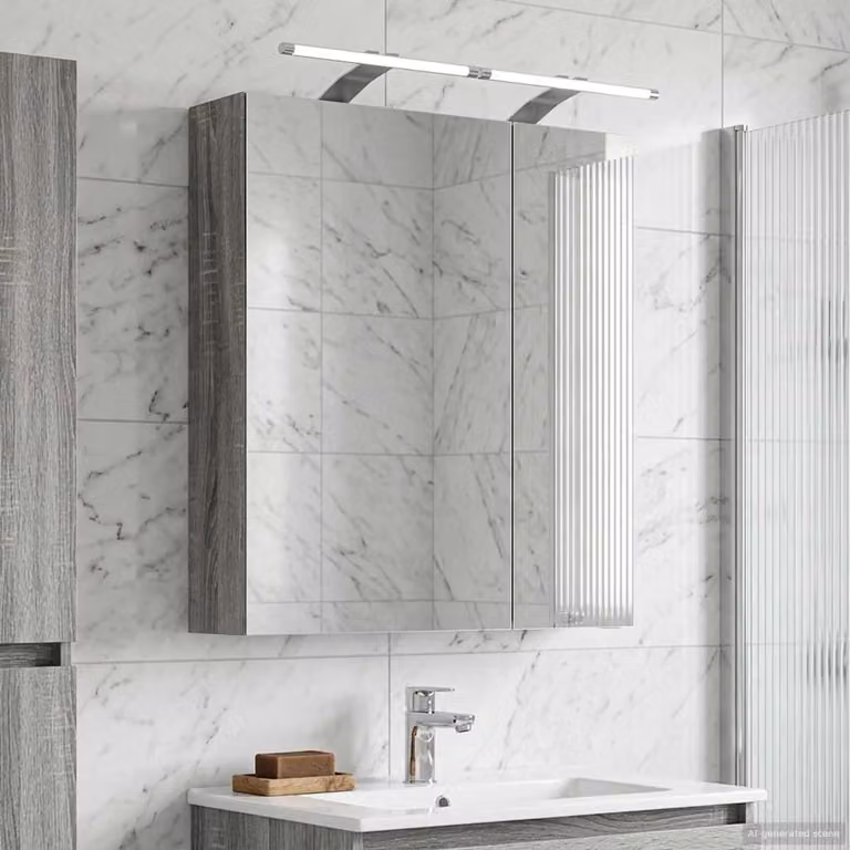 Mobiletto per specchio da bagno vidaXL moderno con illuminazione LED e ante in vetro, Grigio, L: 60 cm, P: 14,5 cm, H: 70 cm