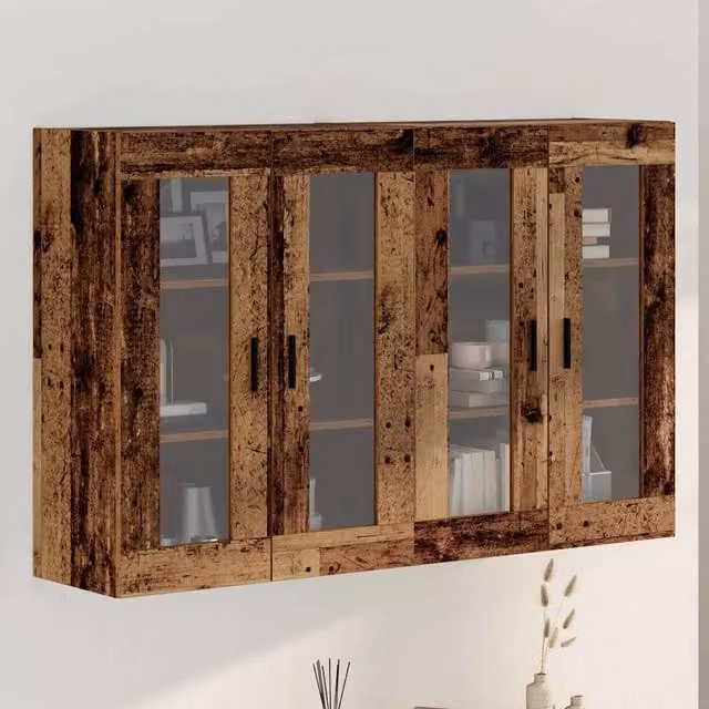 Set di 2 armadi da muro vidaXL in legno effetto rustico marrone con ante in vetro e ripiani interni, L: 69,5 cm, P: 34 cm, H: 90 cm