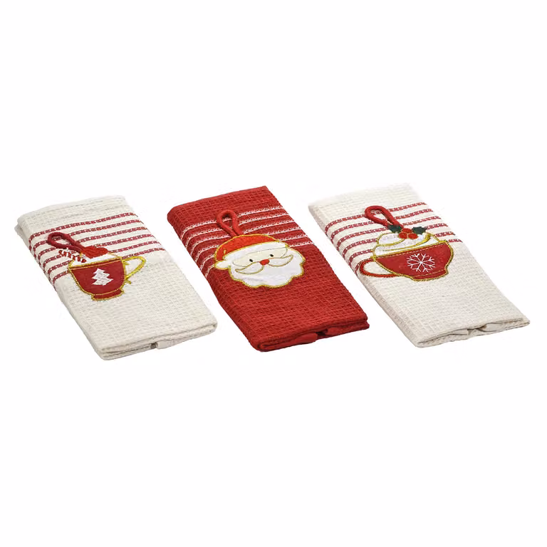 Set di 3 strofinacci natalizi ricamati Vestiamo Casa in cotone waffle pique bianchi, H 60 cm x L 40 cm
