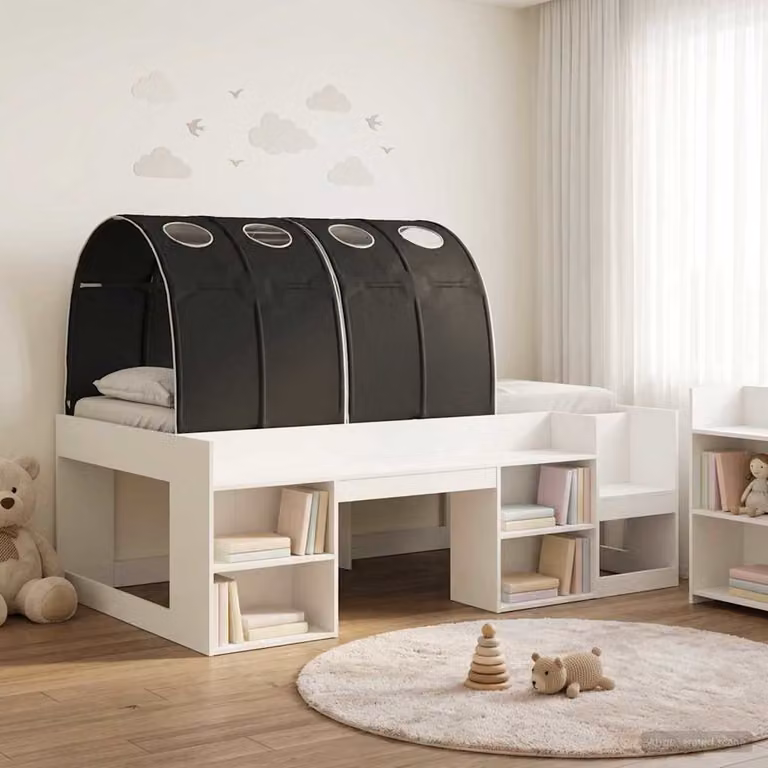 Letto per bambini con struttura a casetta e tunnel vidaXL in legno ingegnerizzato, Bianco e Nero, L/P/H: 190 x 90 x 118,5 cm