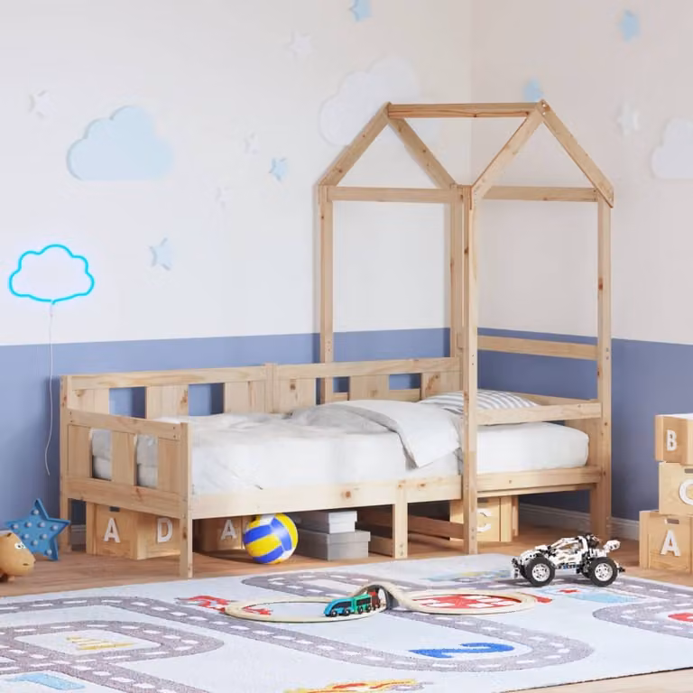 vidaXL Dormeuse per bambini con tetto in legno massello di pino marrone L: 200 cm, P: 80 cm, H: 151 cm