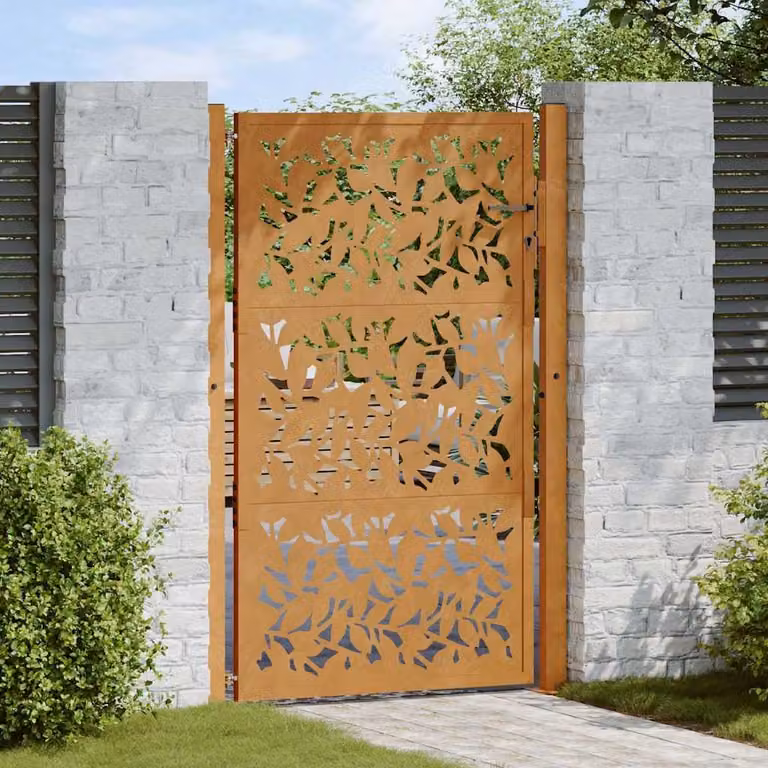 Cancello da giardino singolo vidaXL in acciaio color marrone con design a foglia L: 110 cm, H: 130 cm