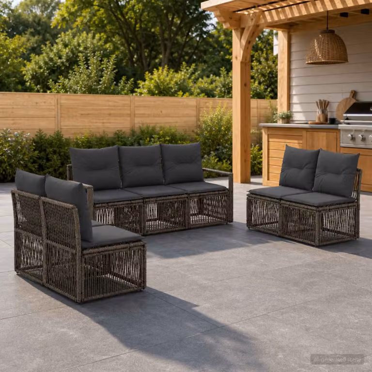 Set Divano da Giardino vidaXL 7 Pezzi a Forma di L in Polyrattan Grigio con Cuscini e Struttura in Acciaio