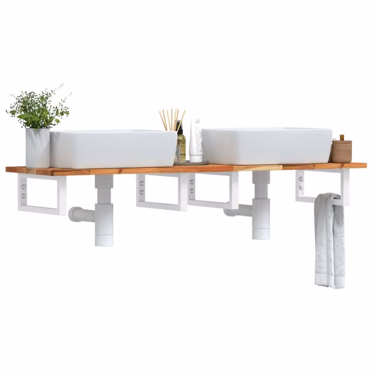 vidaXL Ripiano a Parete per Lavabo in Acciaio e Legno di Acacia Oliato, Bianco e Marrone, L: 40 cm, P: 17 cm, H: 40 cm