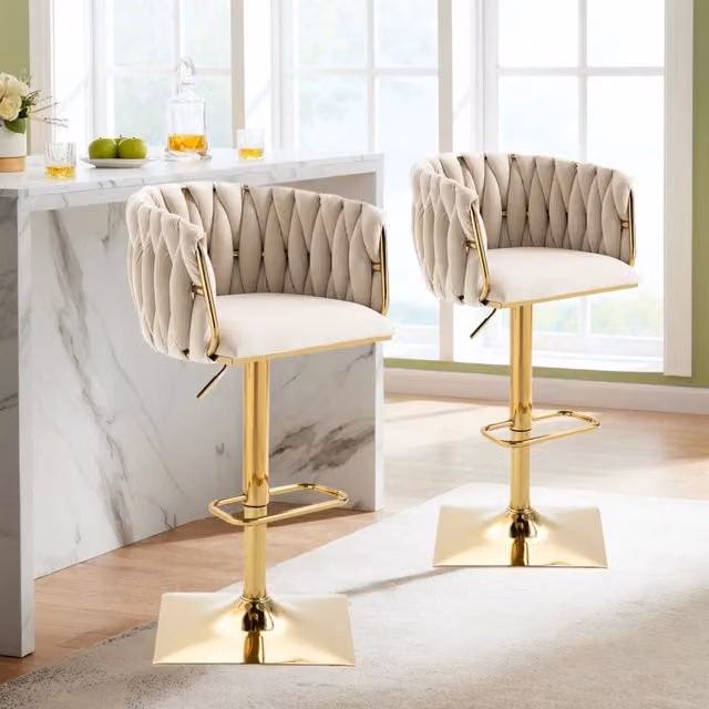 Sgabello da bar Zephmum in stile mid-century con schienale e seduta in velluto beige, girevole a 360 gradi, con struttura in legno e metallo, Altezza: 105 cm, L/P/H: 42.5 x 51 x 65 cm