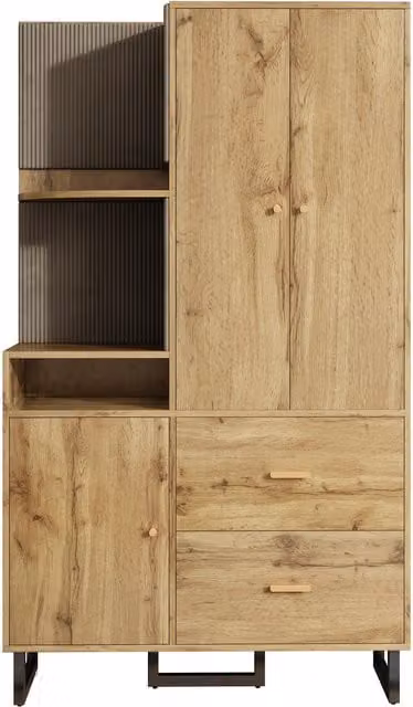Armadio guardaroba moderno GL Store con ante a battente e chiusura soft close, ripiani interni, asta appendiabiti e 2 cassetti integrati, Colore marrone, L/P/H: 110 x 38 x 186 cm