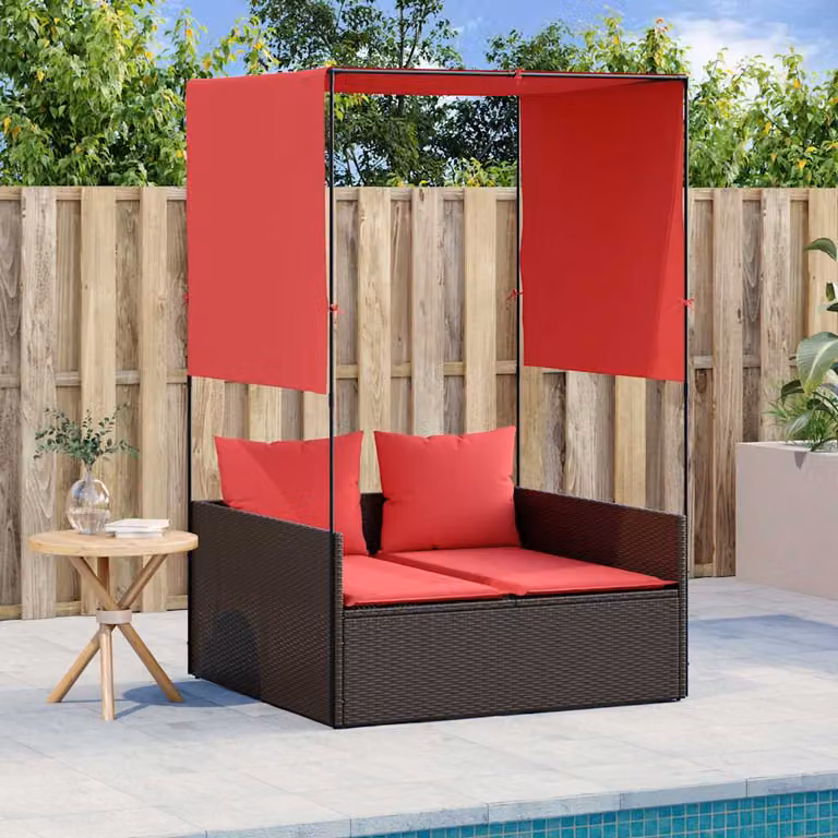 vidaXL Lettino prendisole doppio in Polyrattan marrone con tettoia e tende in tessuto resistente ai raggi UV