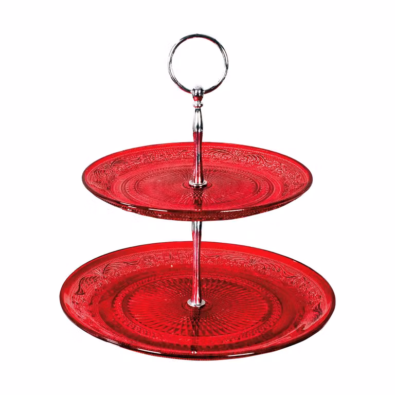 Alzata a 2 piani GUSTO CASA in vetro rosso e argento per dolci, frutta e dessert, diametro: 23 cm