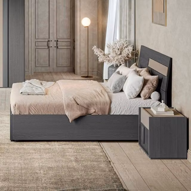 Set camera da letto moderna Tezeta in legno con armadio a 6 ante e letto contenitore, colore grigio e beige