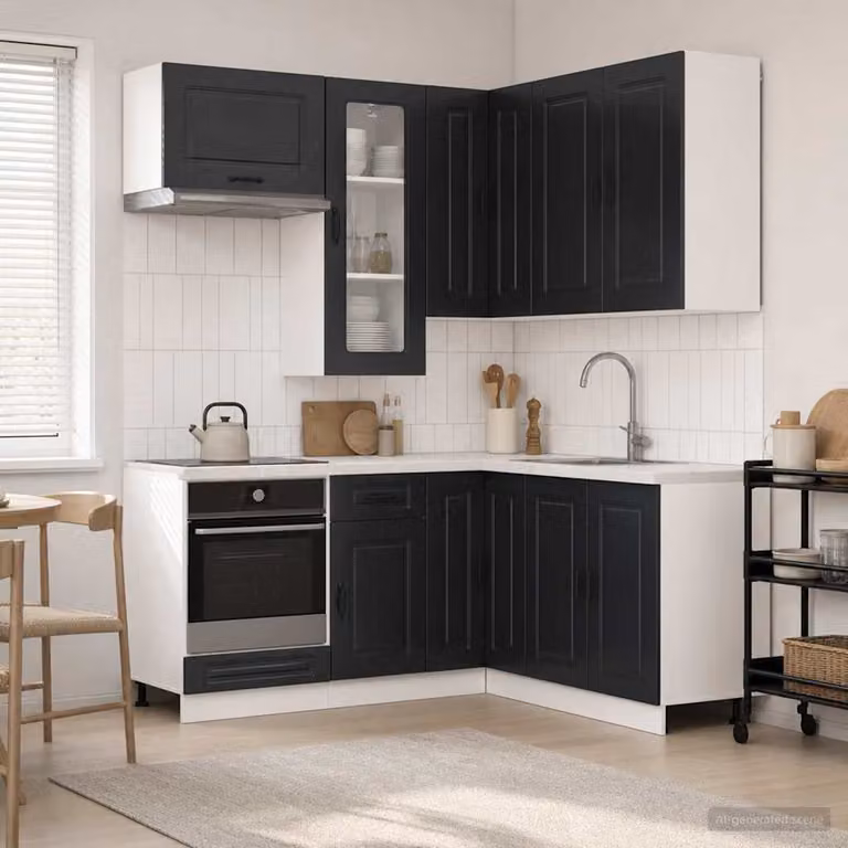vidaXL Unità Cucina Moderna KALMAR 8 Pezzi Nero Opaco in MDF con Ante in Vetro e Ripiani Interni