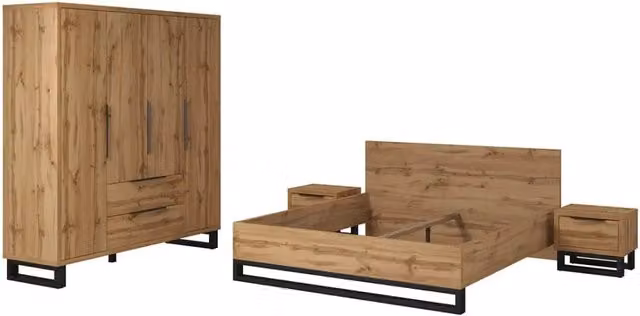 Set camera da letto completa stile industriale MILOS MEUBLORAMA in rovere e nero con armadio a 4 porte, letto 140x200 cm, comò e comodini