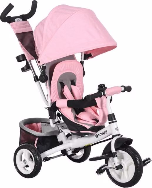 Triciclo per bambini Minimal rosa con capottina, maniglia regolabile e portabottiglie