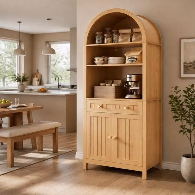 Mobile contenitore alto in legno marrone con apertura ad arco, ripiano aperto, cassetto e doppie ante, L: 76 cm, P: 40 cm, H: 180 cm